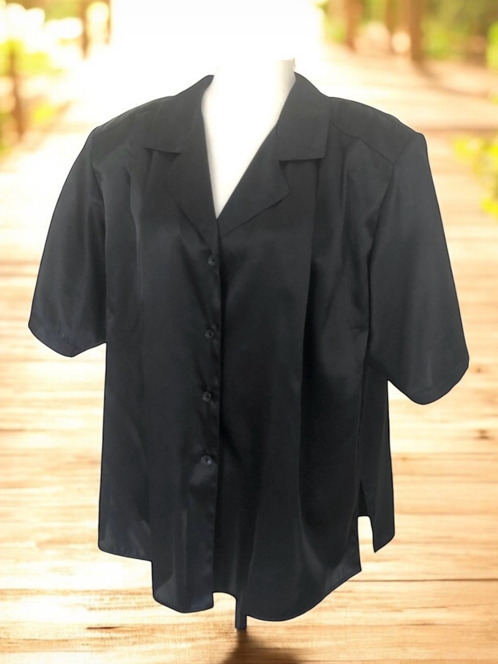 Black Satin Button Down Short Sleeve Shirt Top Blazer Women’s Size XL